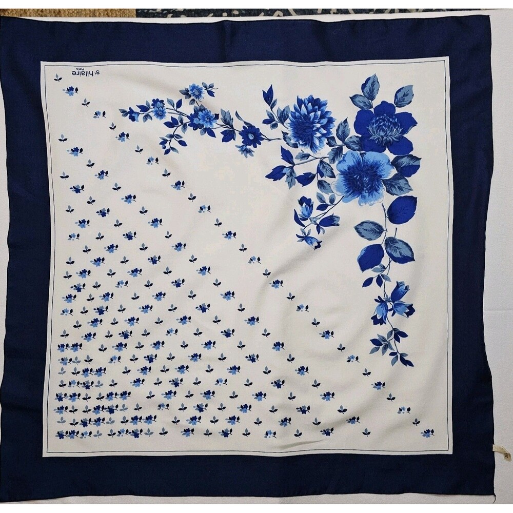 P Saint Hilaire Paris Blue Floral Scarf 28"×28". Romantic Feminine Vintage